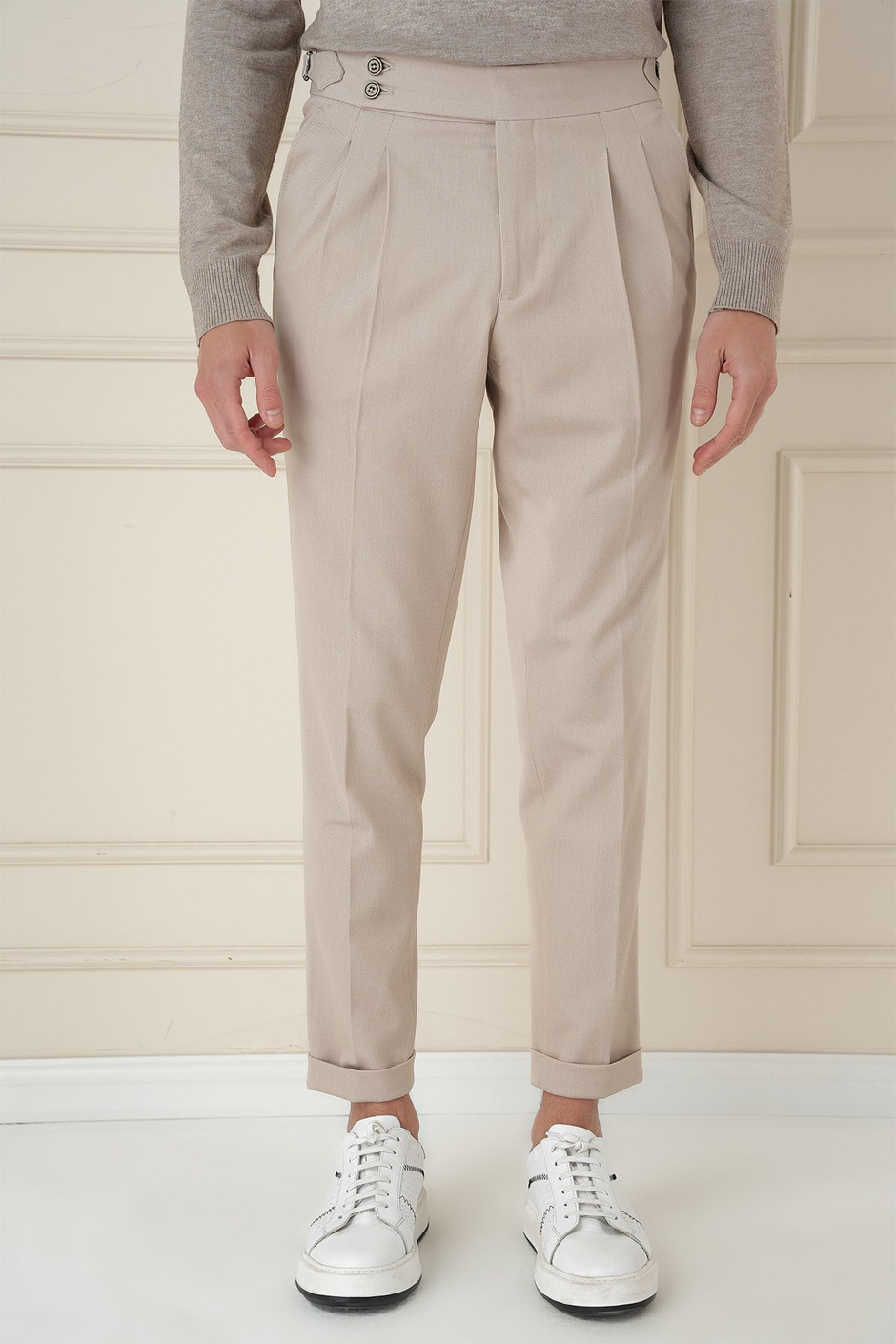Slim Fit Çift Pileli Yanlardan Tokalı Esnek Pamuk Bej Pantolon P 1167