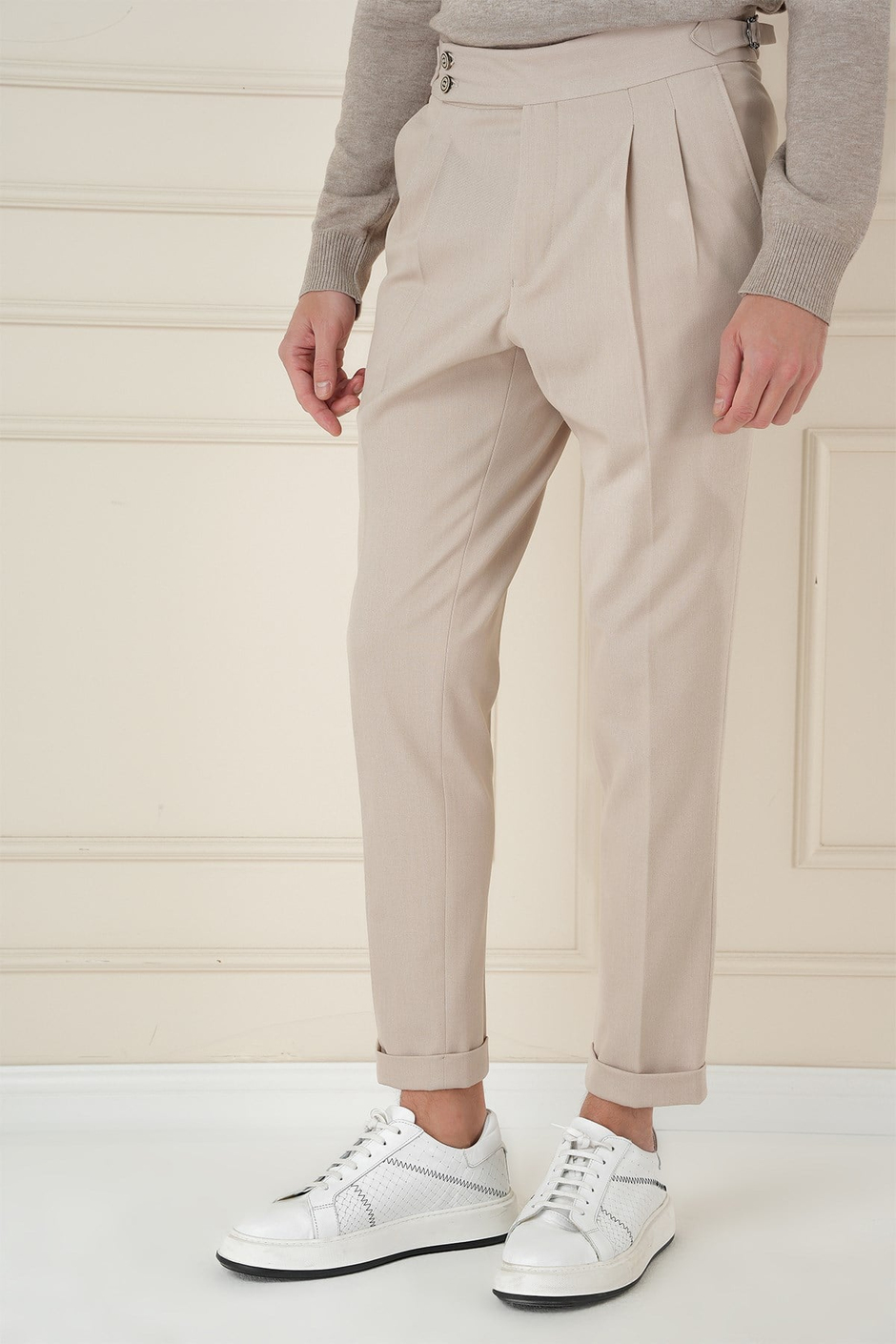 Slim Fit Çift Pileli Yanlardan Tokalı Esnek Pamuk Bej Pantolon P 1167