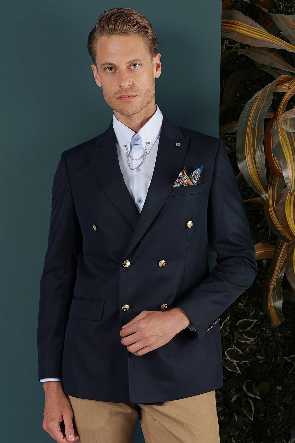 Slim Fit Çift Yırmaç Metal Düğmeli Lacivert Kruvaze Blazer Ceket C 657 