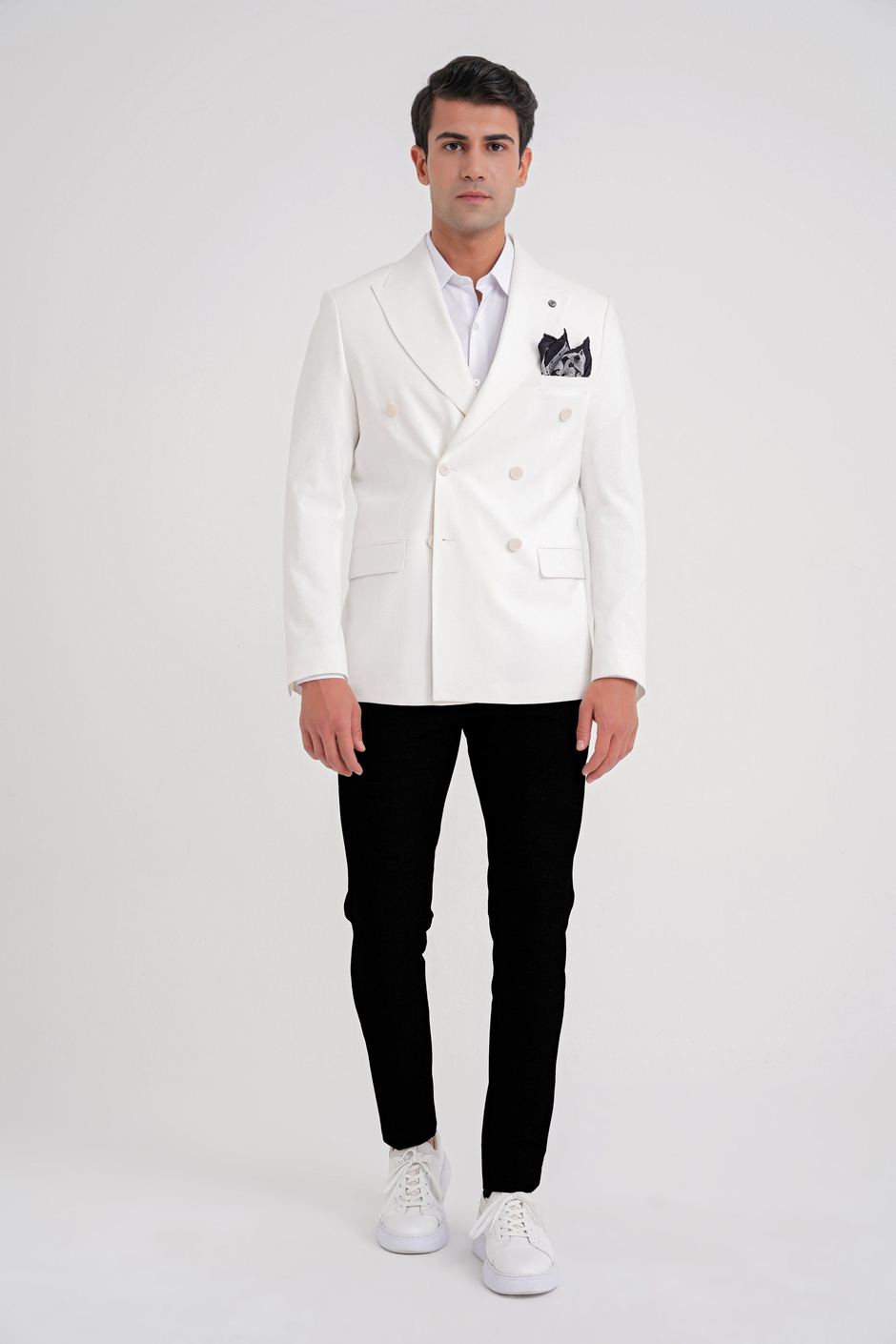 Slim Fit Çift Yırtmaç %100 Pamuk Gofre Kumaş Ekru Kruvaze Ceket C 646