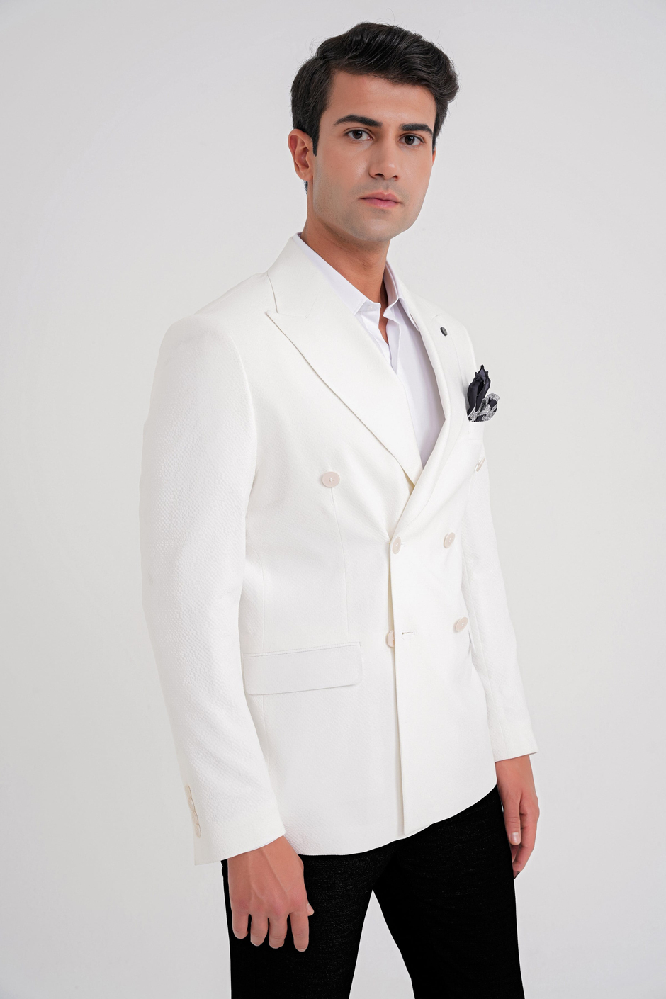 Slim Fit Çift Yırtmaç %100 Pamuk Gofre Kumaş Ekru Kruvaze Ceket C 646