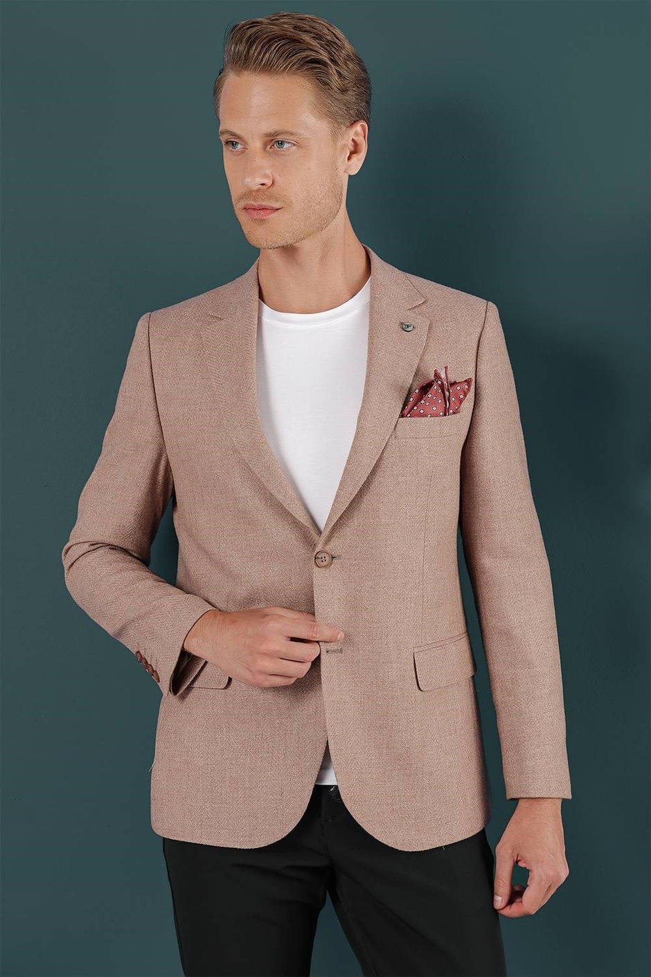 Slim Fit Çift Yırtmaç %100 Yün Balıksırtı Dokuma Tütün Ceket C 656