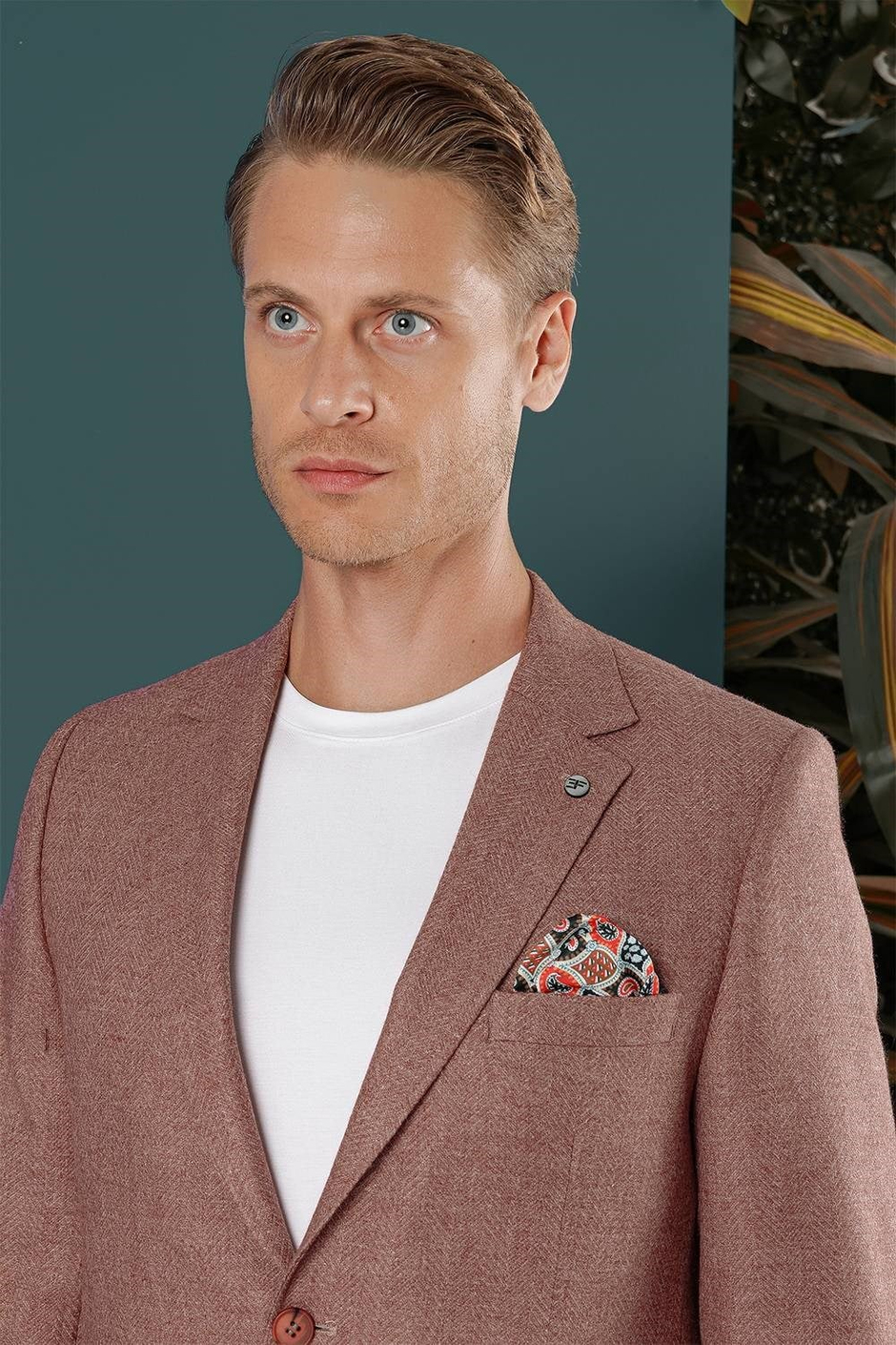 Slim Fit Çift Yırtmaç %100 Yün Balıksırtı Dokuma Gül Kurusu Ceket C 656