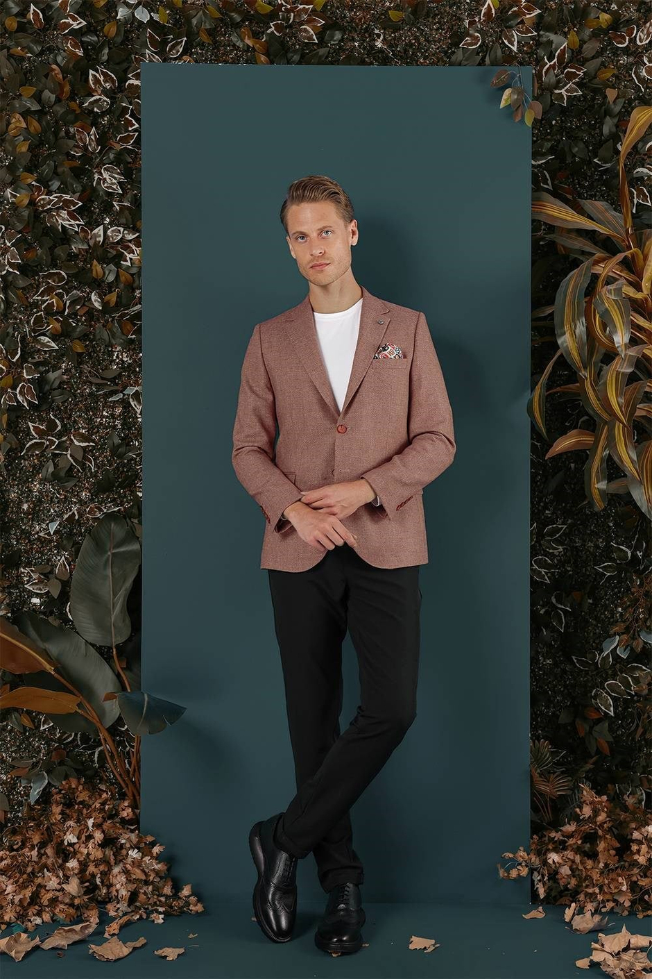 Slim Fit Çift Yırtmaç %100 Yün Balıksırtı Dokuma Gül Kurusu Ceket C 656