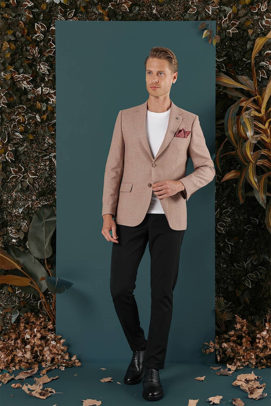 Slim Fit Çift Yırtmaç %100 Yün Balıksırtı Dokuma Tütün Ceket C 656