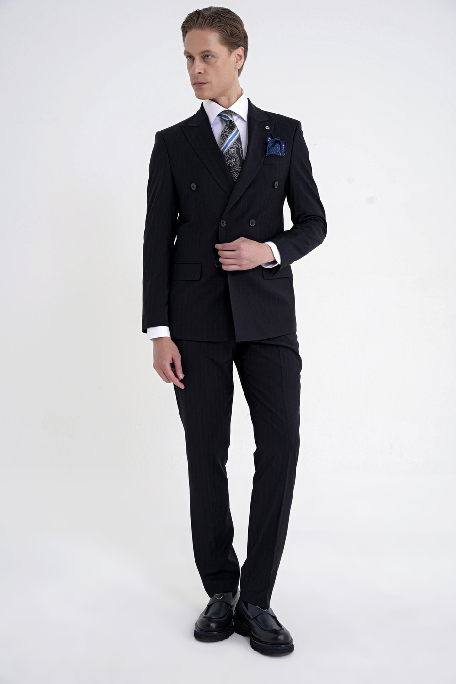 Slim Fit Çift Yırtmaç %95 Pamuk Lacivert Çizgili Kruvaze Takım Elbise TK 945