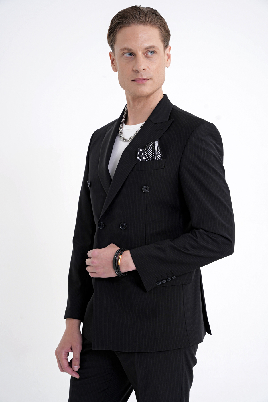 Slim Fit Çift Yırtmaç %95 Pamuk Sık Çizgili Siyah Kruvaze Takım Elbise TK 944