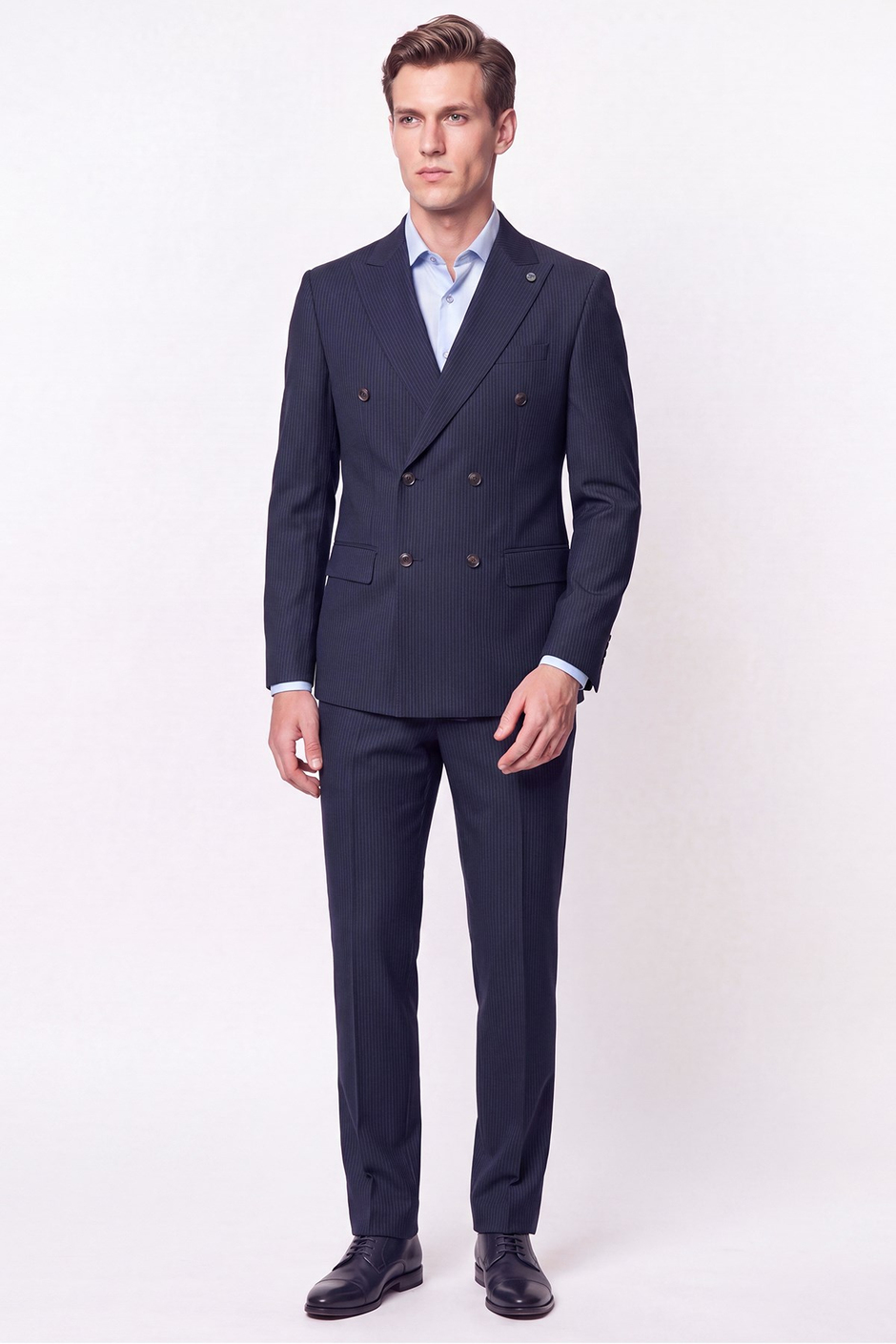 Slim Fit Çift Yırtmaç %95 Pamuk Sık Çizgili Lacivert Kruvaze Takım Elbise TK 944