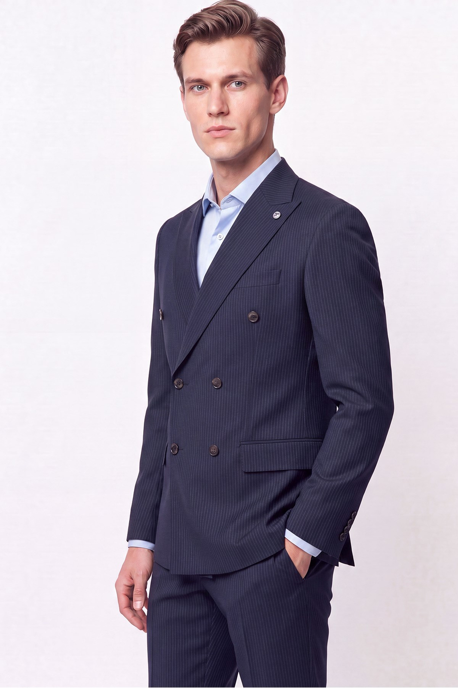 Slim Fit Çift Yırtmaç %95 Pamuk Sık Çizgili Lacivert Kruvaze Takım Elbise TK 944