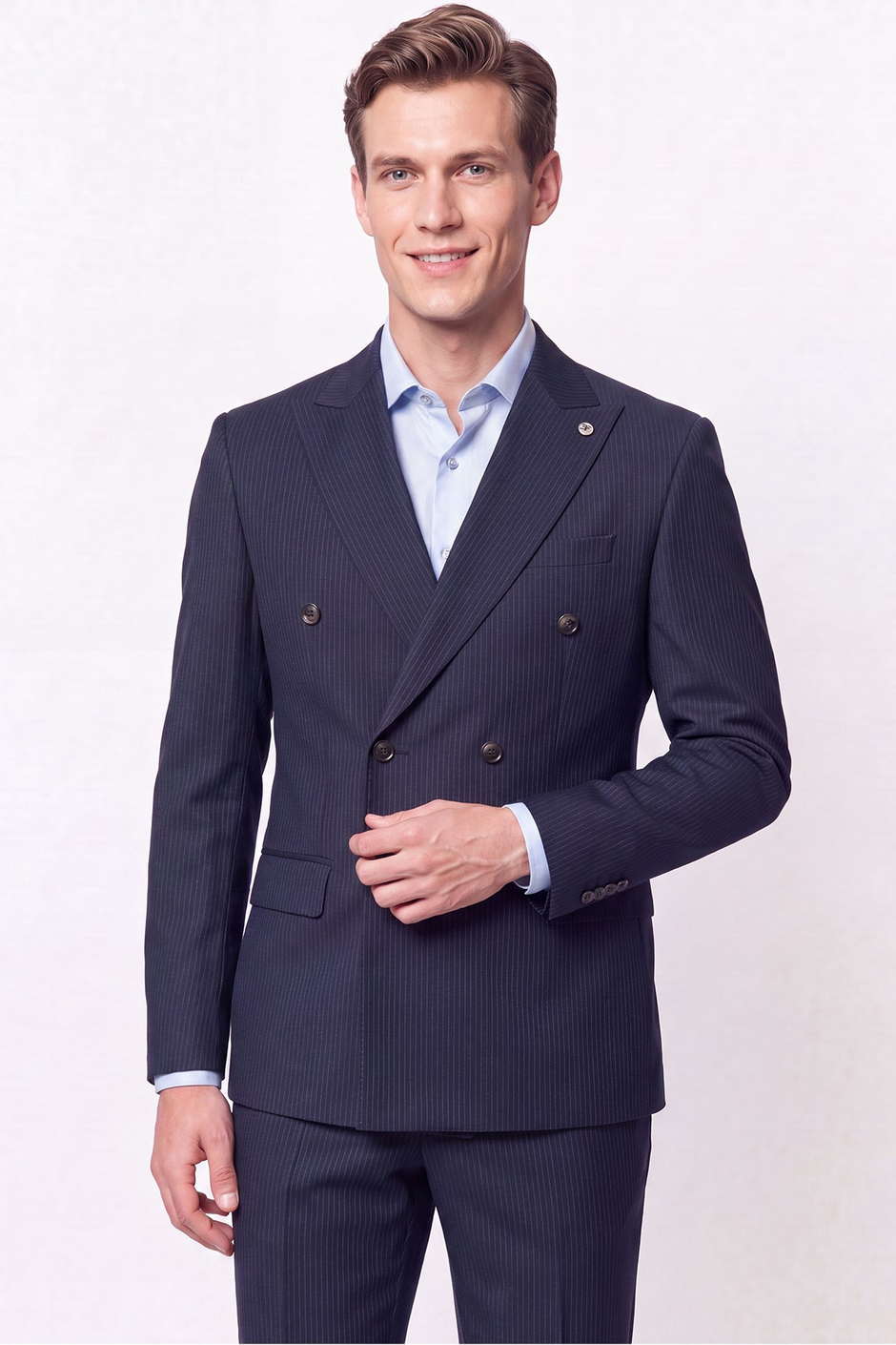 Slim Fit Çift Yırtmaç %95 Pamuk Sık Çizgili Lacivert Kruvaze Takım Elbise TK 944