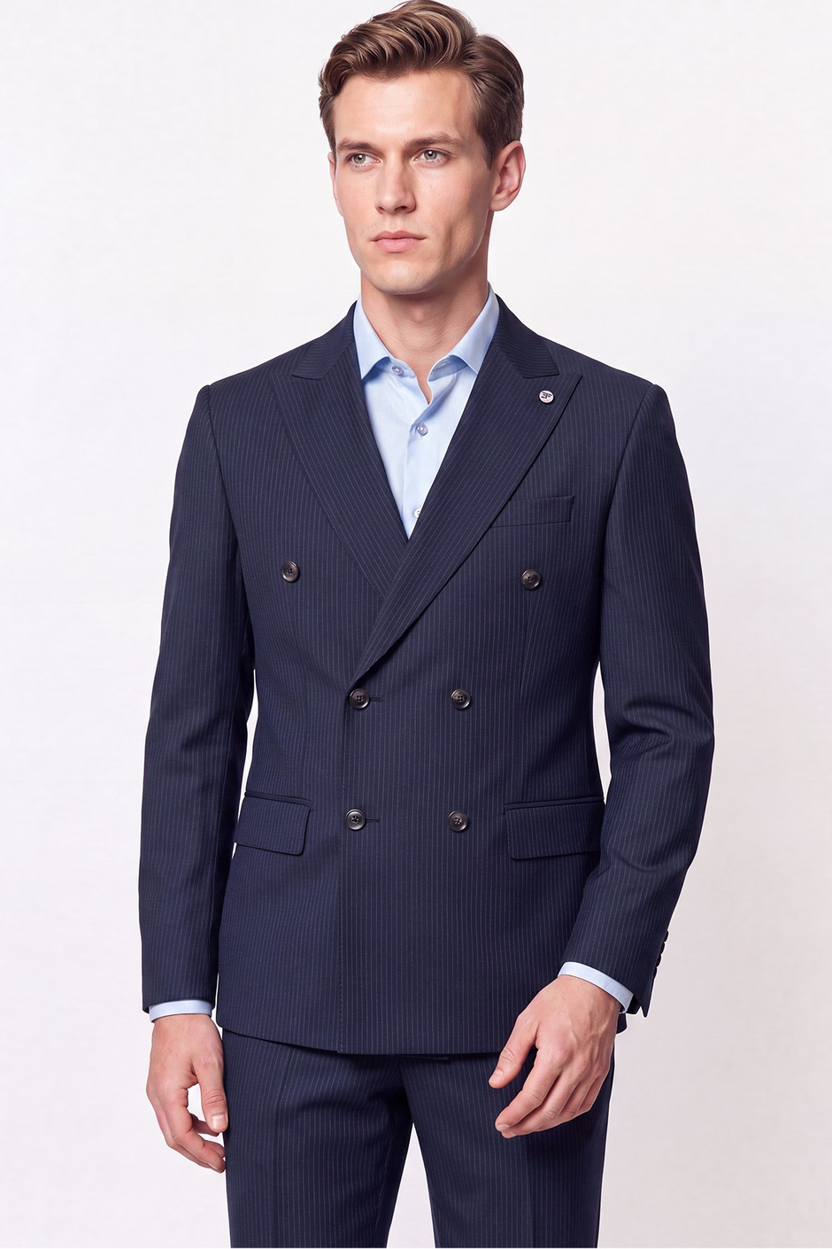 Slim Fit Çift Yırtmaç %95 Pamuk Sık Çizgili Lacivert Kruvaze Takım Elbise TK 944
