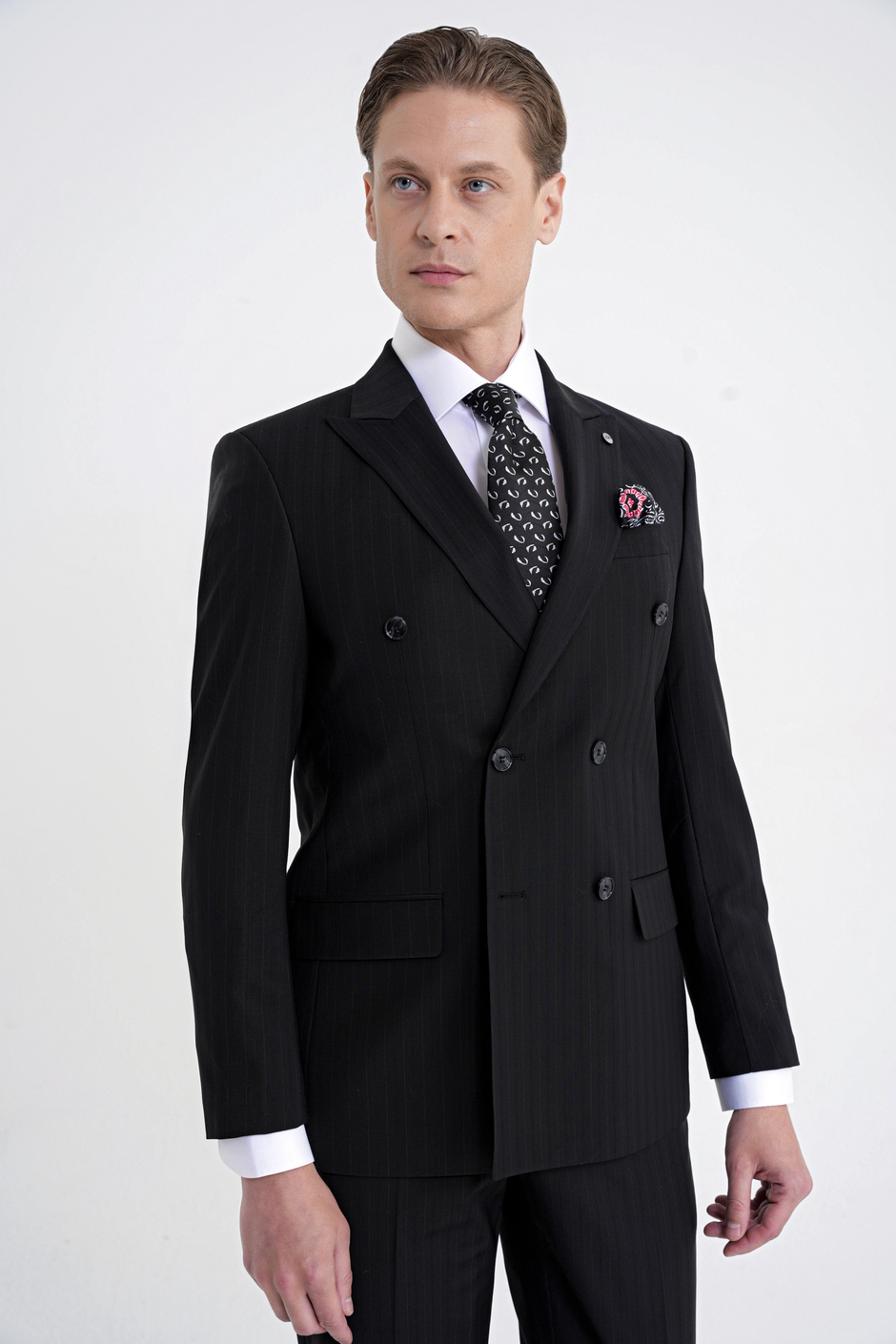 Slim Fit Çift Yırtmaç %95 Pamuk Siyah Çizgili Kruvaze Takım Elbise TK 945