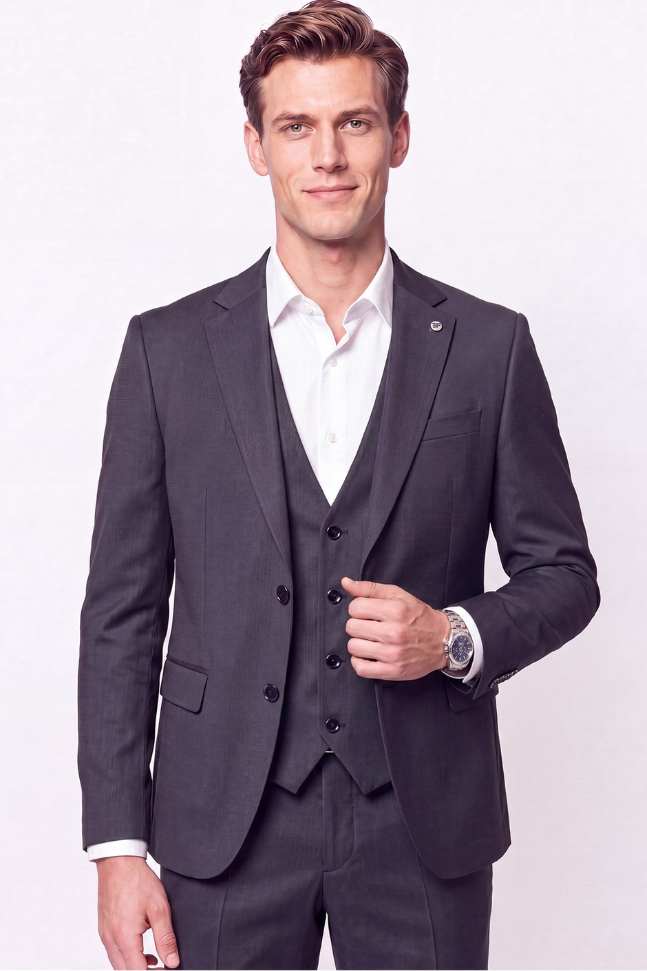 Slim Fit Çift Yırtmaç %97 Yünlü Doku Desenli Esnek Antrasit Yelekli Takım Elbise TK 927