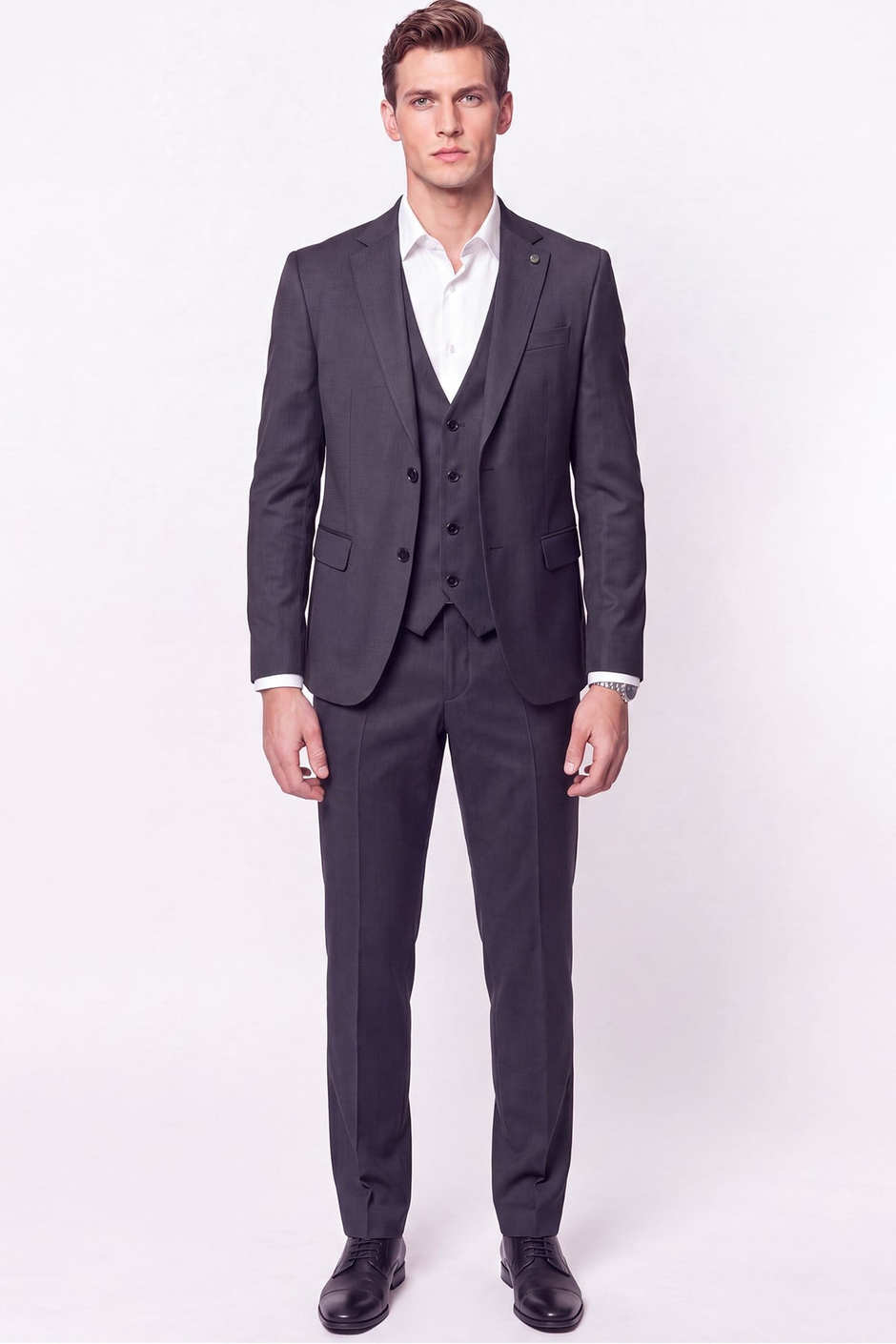 Slim Fit Çift Yırtmaç %97 Yünlü Doku Desenli Esnek Antrasit Yelekli Takım Elbise TK 927