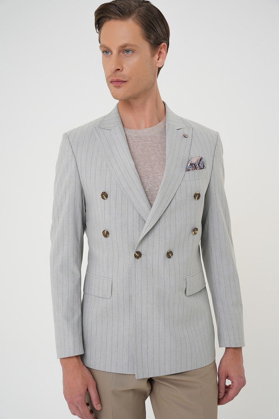 Slim Fit Çift Yırtmaç Çizgili Esnek Yünlü Kruvaze Gri Ceket C 704