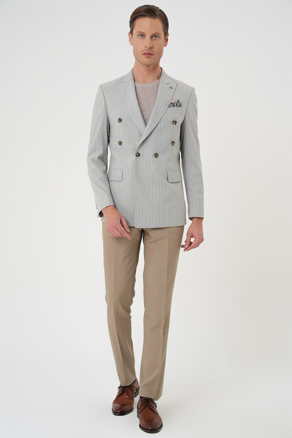 Slim Fit Çift Yırtmaç Çizgili Esnek Yünlü Kruvaze Gri Ceket C 704