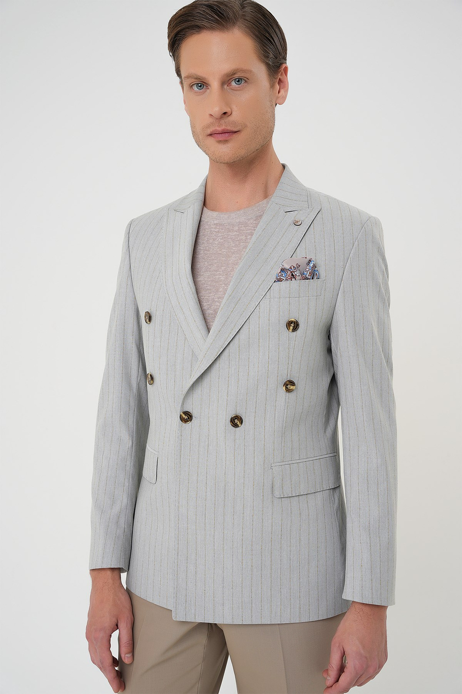 Slim Fit Çift Yırtmaç Çizgili Esnek Yünlü Kruvaze Gri Ceket C 704