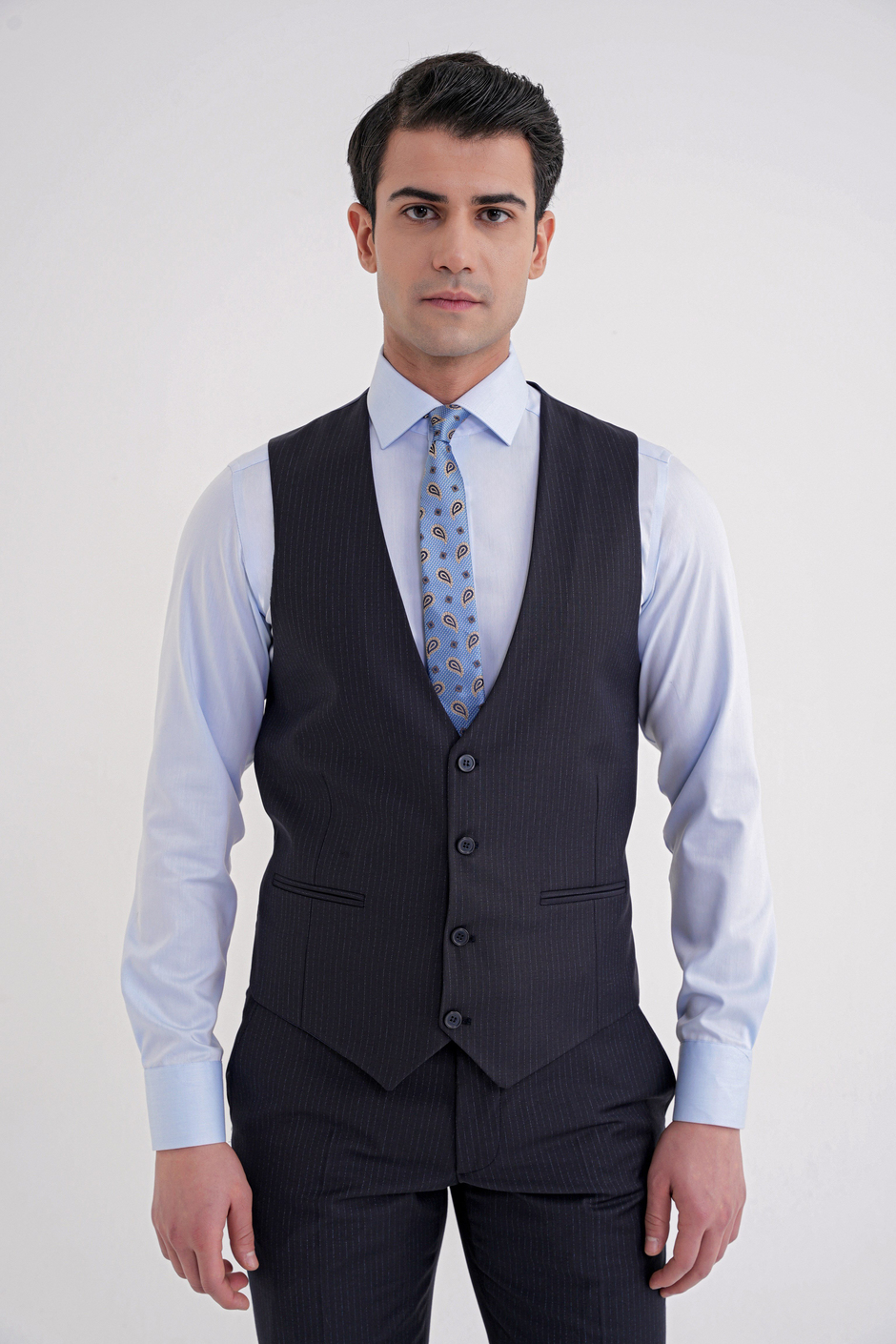 Slim Fit Çift Yırtmaç Çizgili Esnek Yünlü Lacivert Yelekli Klasik Takım Elbise TK 935