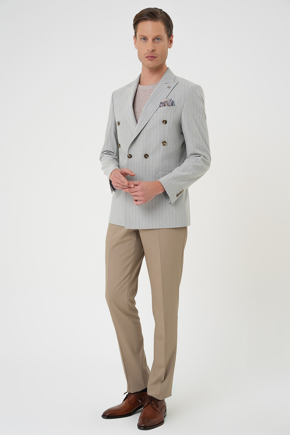 Slim Fit Çift Yırtmaç Çizgili Esnek Yünlü Kruvaze Gri Ceket C 704