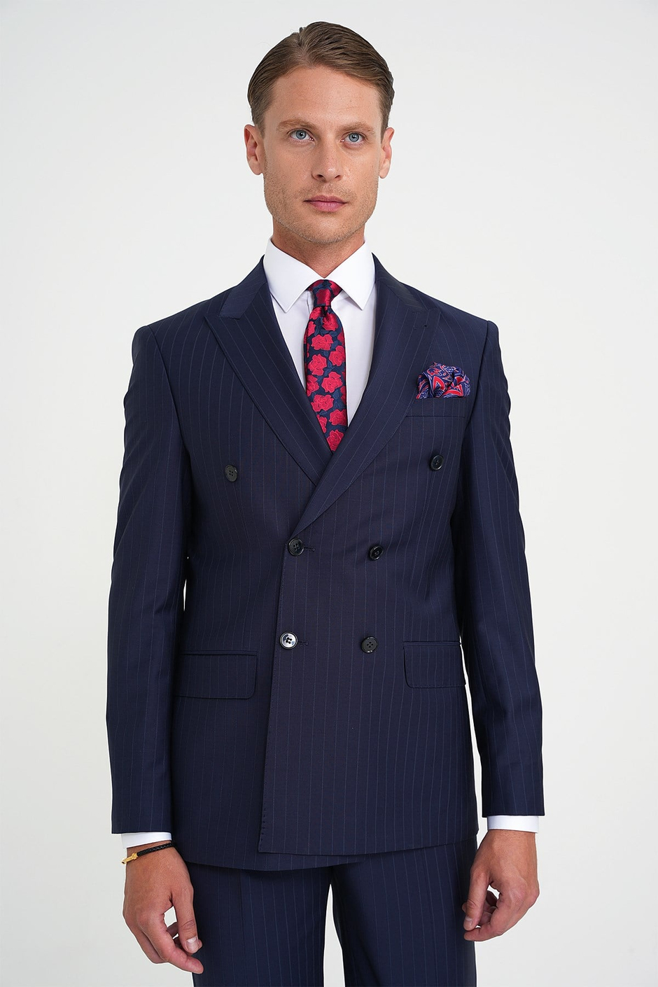 Slim Fit Çift Yırtmaç Çizgili Kruvaze Klasik Lacivert Takım Elbise Tk 925