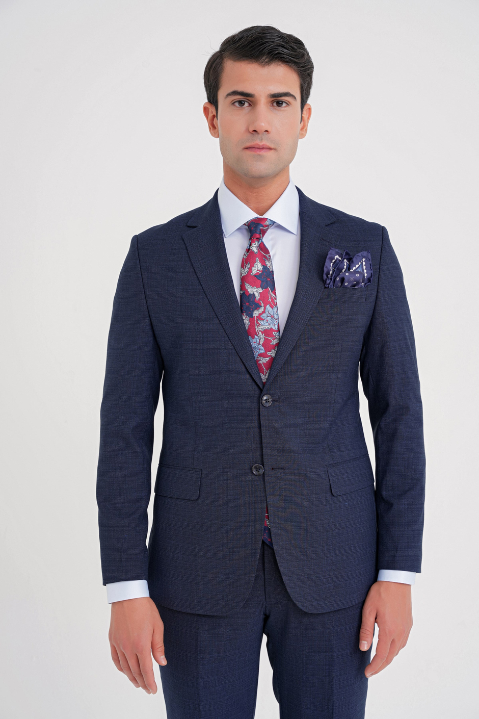 Slim Fit Çift Yırtmaç Doku Desenli Esnek Lacivert Yelekli Takım Elbise TK 916