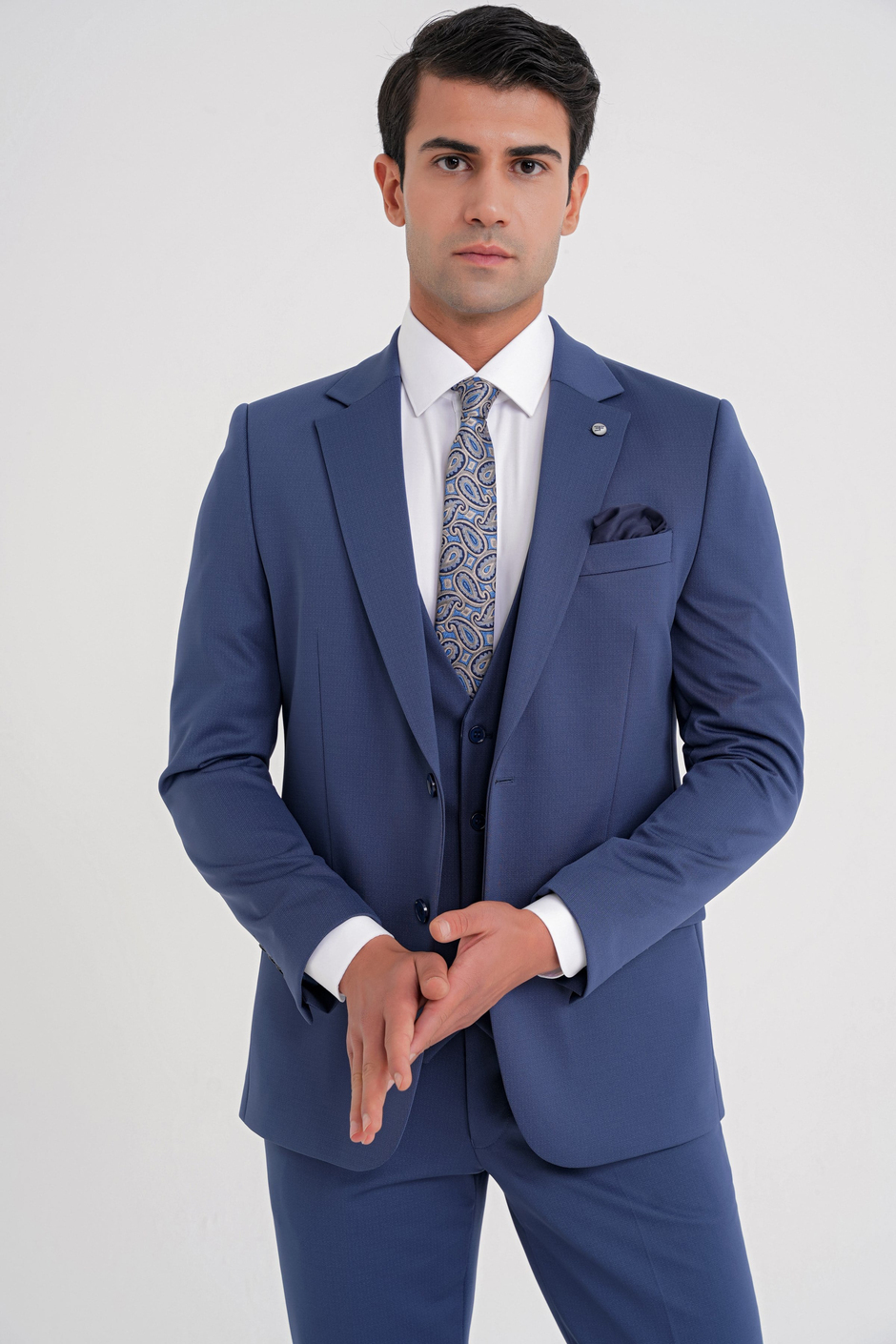 Slim Fit Çift Yırtmaç %97 Yünlü Doku Desenli Esnek Parlement Yelekli Takım Elbise TK 927