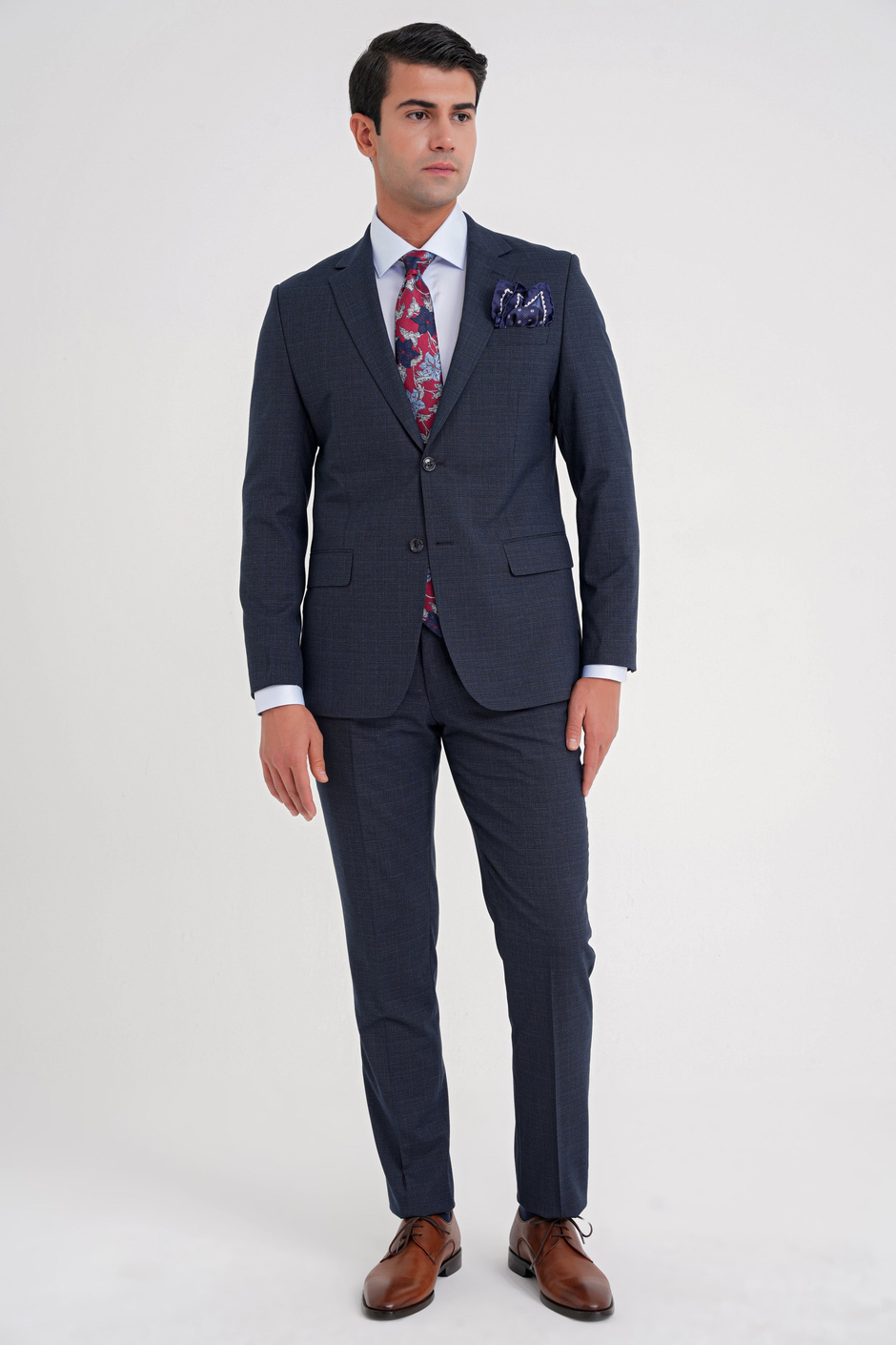 Slim Fit Çift Yırtmaç Doku Desenli Esnek Lacivert Yelekli Takım Elbise TK 916