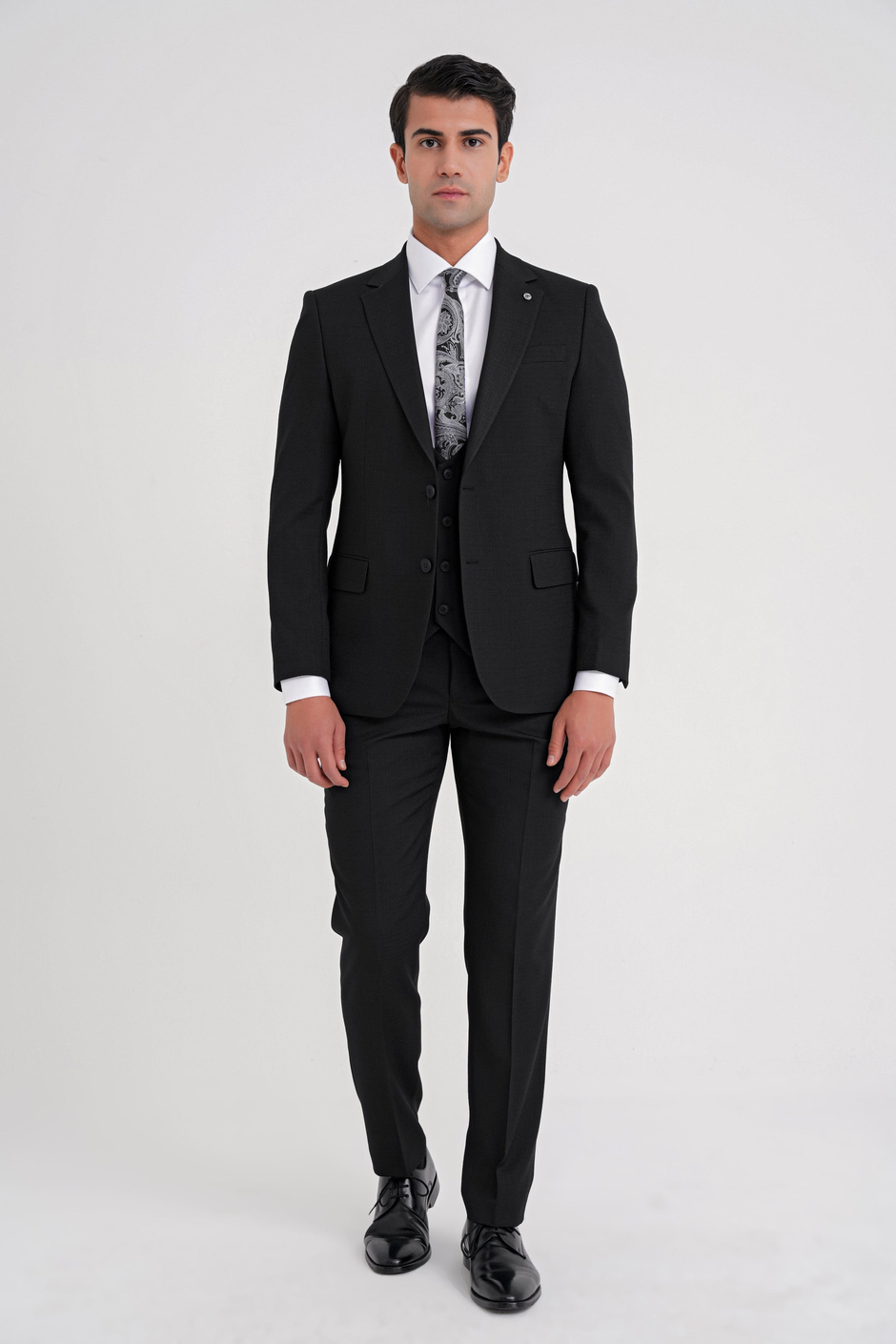 Slim Fit Çift Yırtmaç Doku Desenli Esnek Siyah Yelekli Takım Elbise TK 924