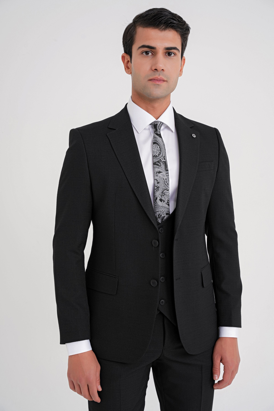 Slim Fit Çift Yırtmaç Doku Desenli Esnek Siyah Yelekli Takım Elbise TK 924