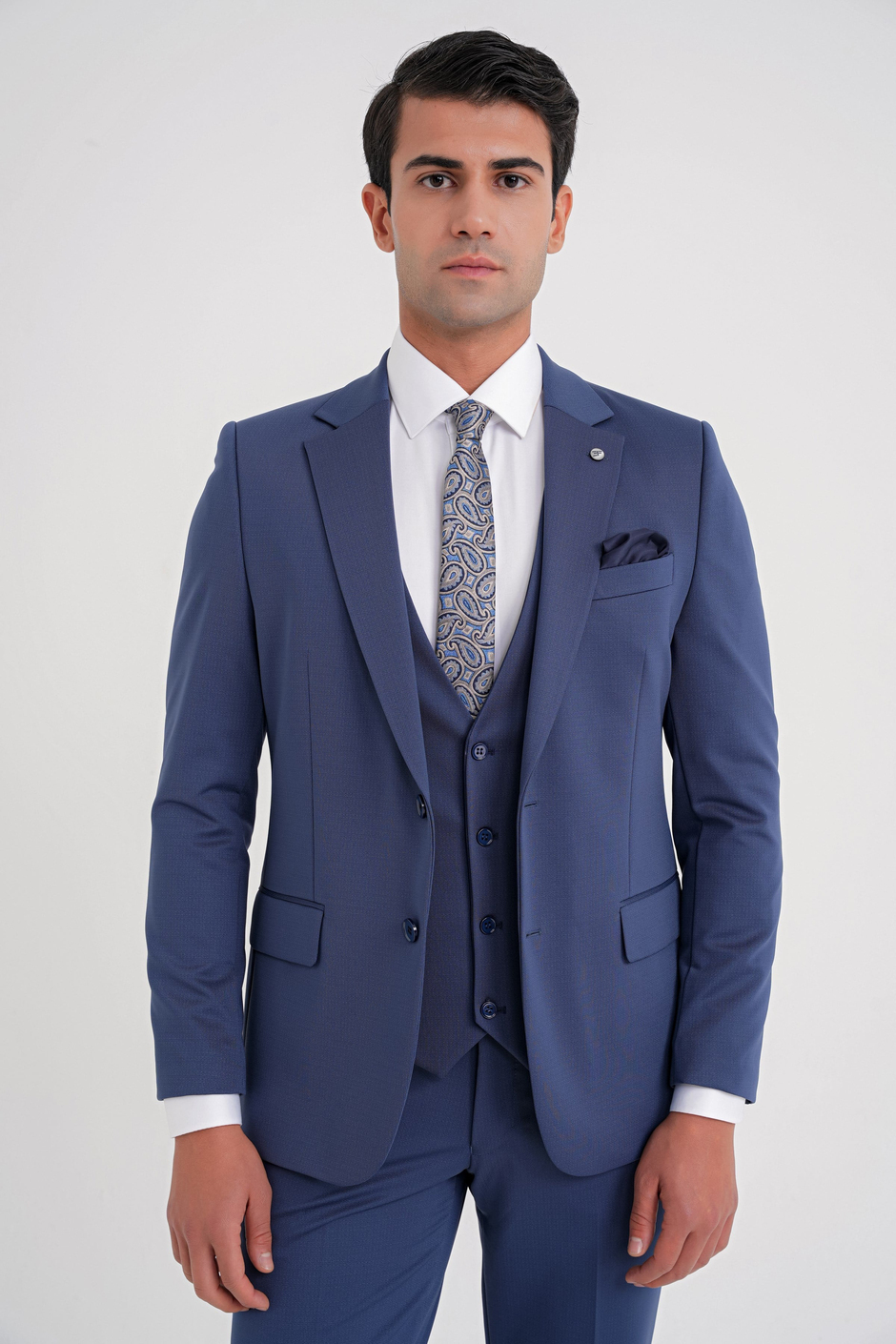 Slim Fit Çift Yırtmaç %97 Yünlü Doku Desenli Esnek Parlement Yelekli Takım Elbise TK 927