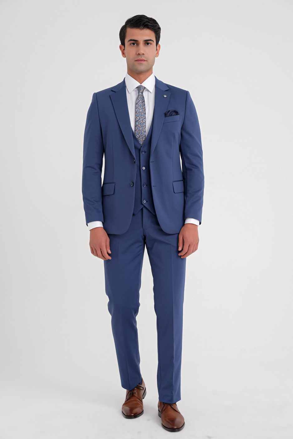 Slim Fit Çift Yırtmaç %97 Yünlü Doku Desenli Esnek Parlement Yelekli Takım Elbise TK 927
