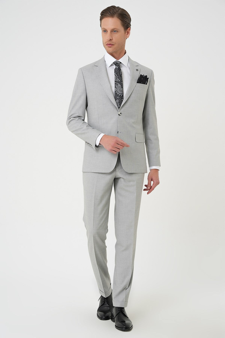 Slim Fit Çift Yırtmaç Dokulu Esnek Klasik Gri Takım Elbise Tk 915