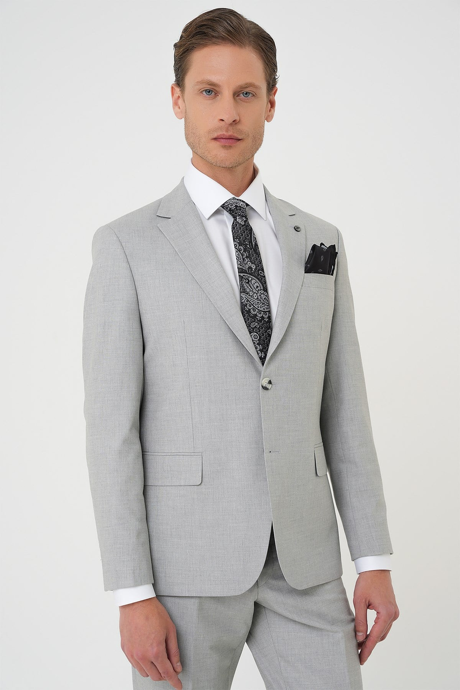 Slim Fit Çift Yırtmaç Dokulu Esnek Klasik Gri Takım Elbise Tk 915