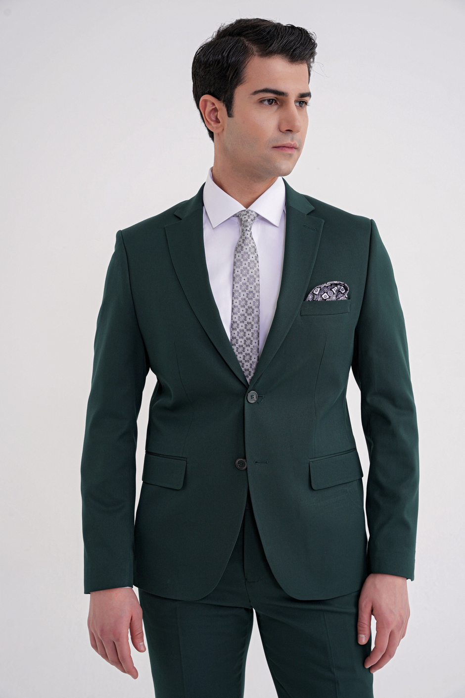 Slim Fit Çift Yırtmaç Düz Yeşil Klasik Takım Elbise TK 913