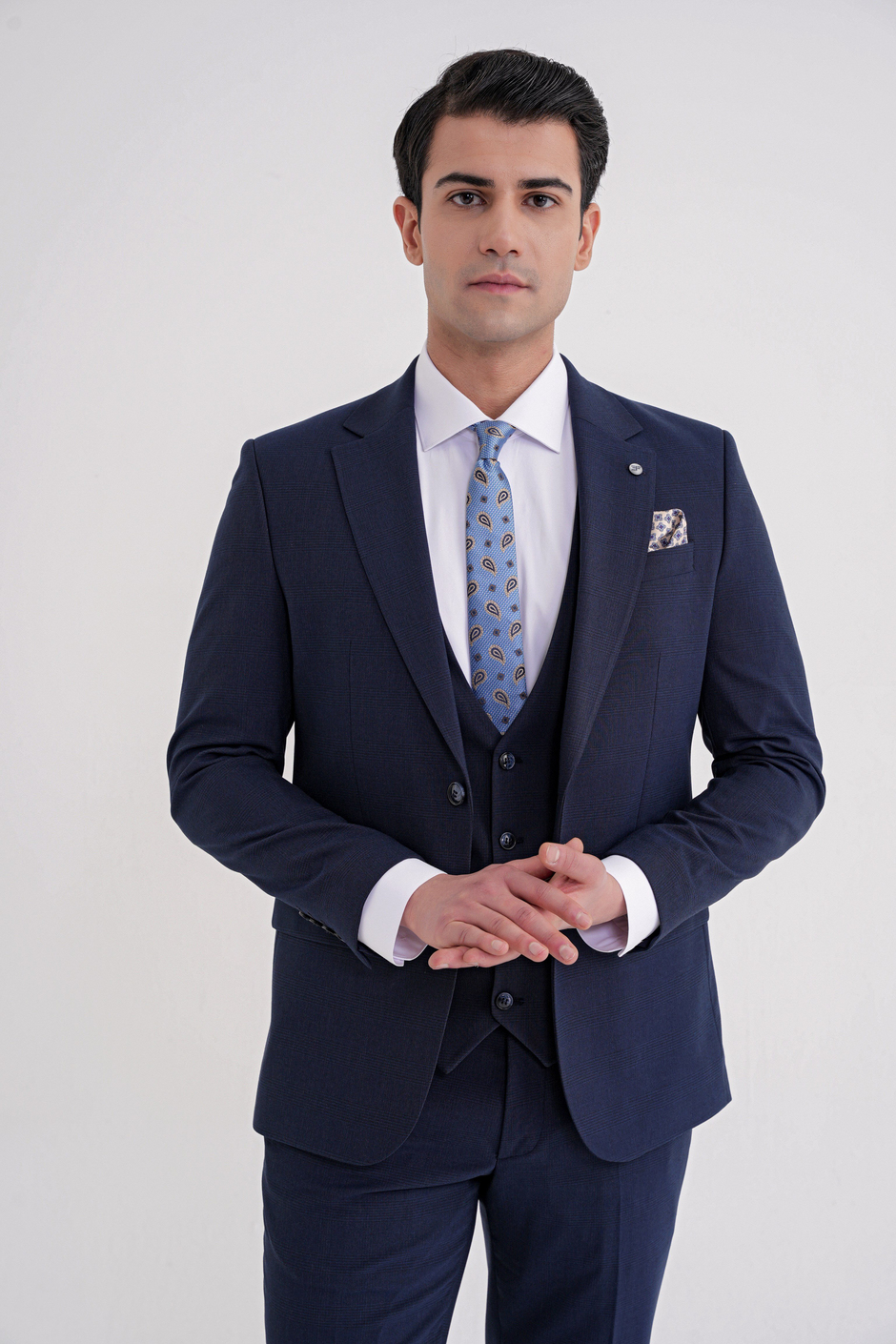 Slim Fit Çift Yırtmaç Ekoseli Esnek Yünlü Yelekli Klasik Lacivert Takım Elbise TK 934