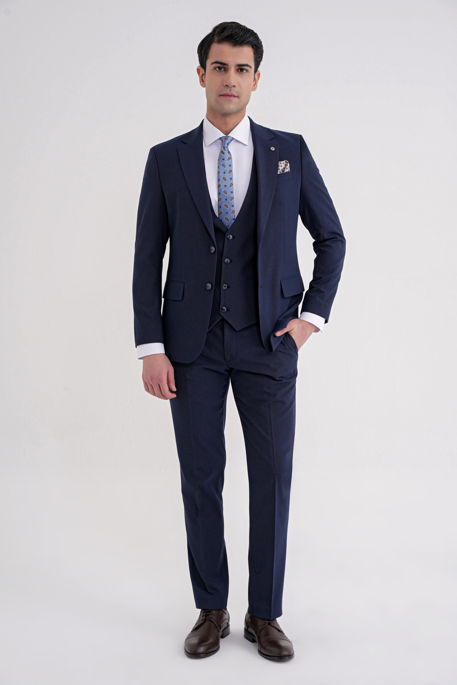 Slim Fit Çift Yırtmaç Ekoseli Esnek Yünlü Yelekli Klasik Lacivert Takım Elbise TK 934