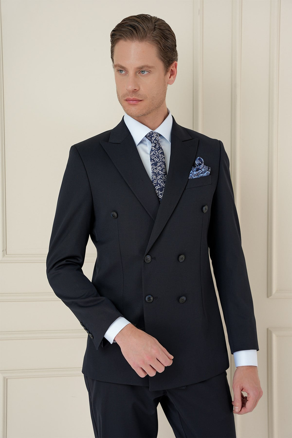 Slim Fit Çift Yırtmaç Esnek Düz Lacivert Kruvaze Takım Elbise TK 905
