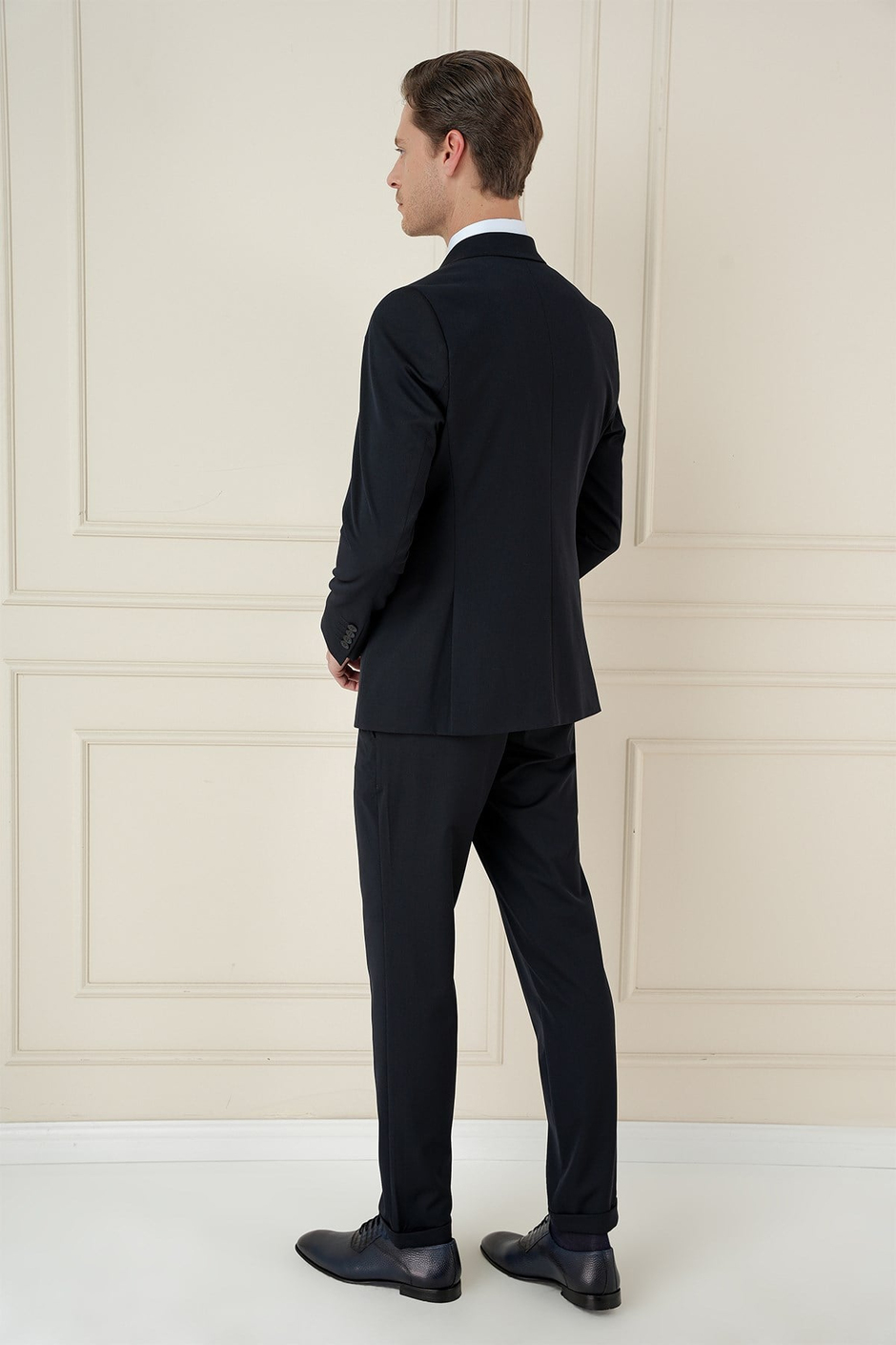 Slim Fit Çift Yırtmaç Esnek Düz Lacivert Kruvaze Takım Elbise TK 905