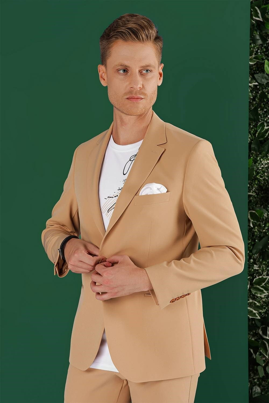 Slim Fit Çift Yırtmaç Esnek Pamuklu Fleto Cepli Camel Ceket C 645