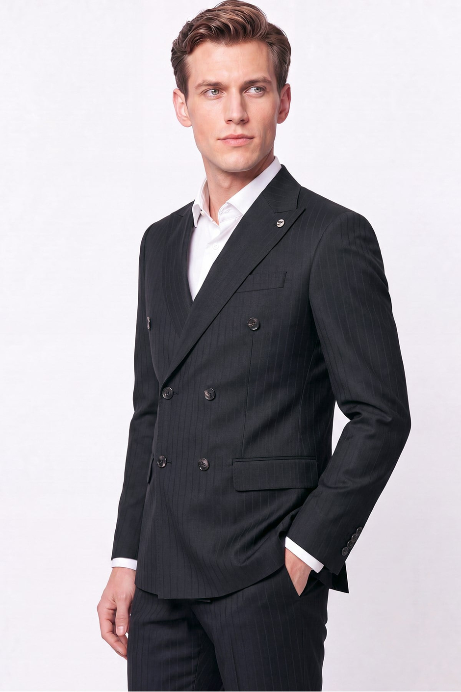Slim Fit Çift Yırtmaç Esnek Silik Çizgili Siyah Kruvaze Takım Elbise TK 946