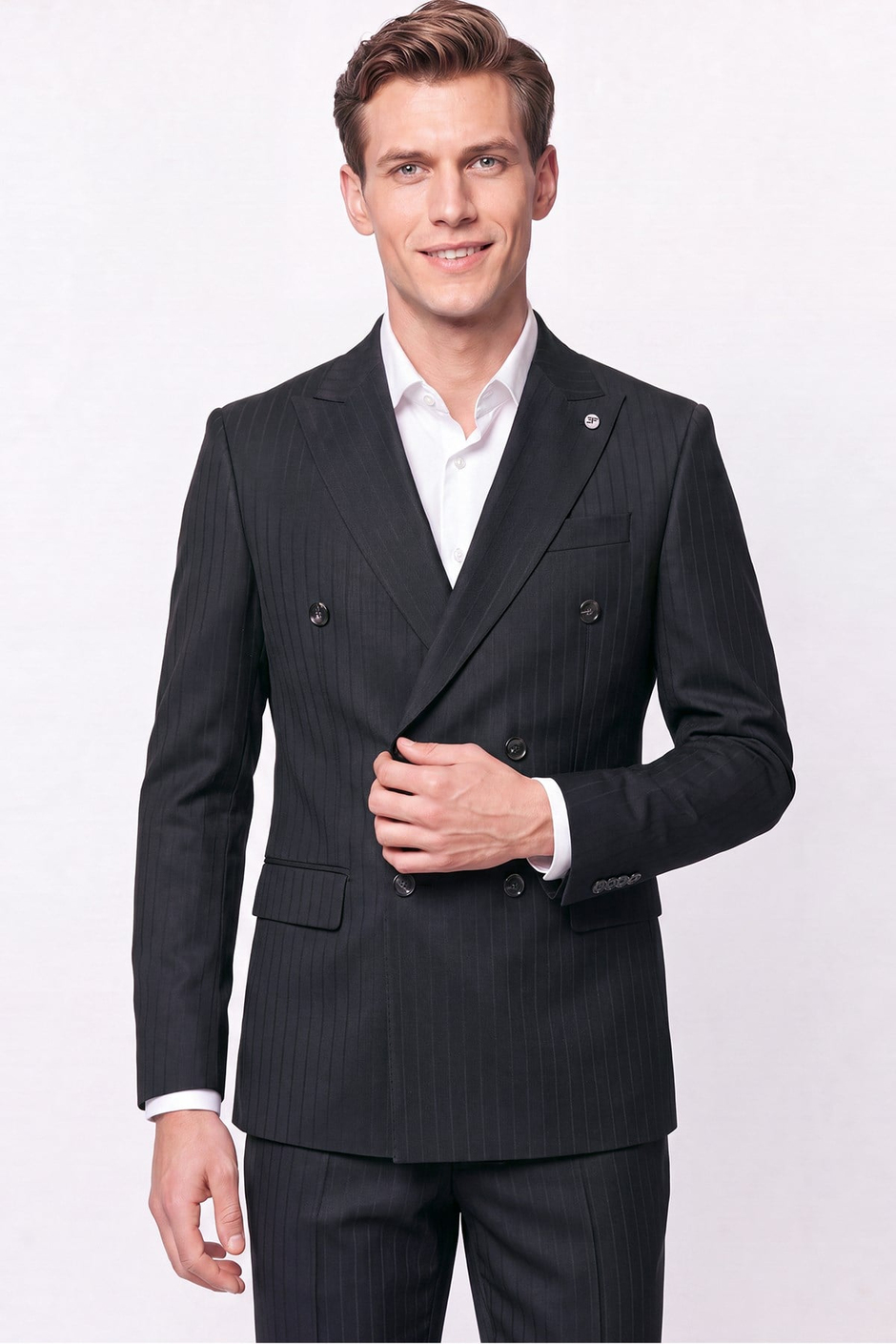 Slim Fit Çift Yırtmaç Esnek Silik Çizgili Siyah Kruvaze Takım Elbise TK 946