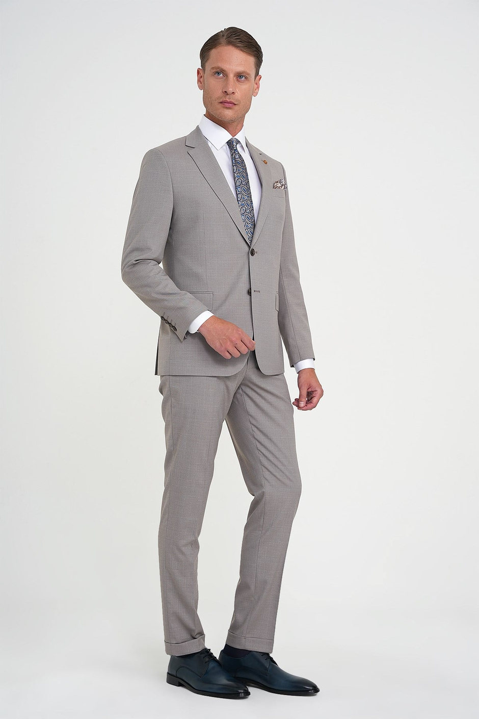 Slim Fit Çift Yırtmaç Esnek Yelekli Klasik Bej Takım Elbise Tk 916