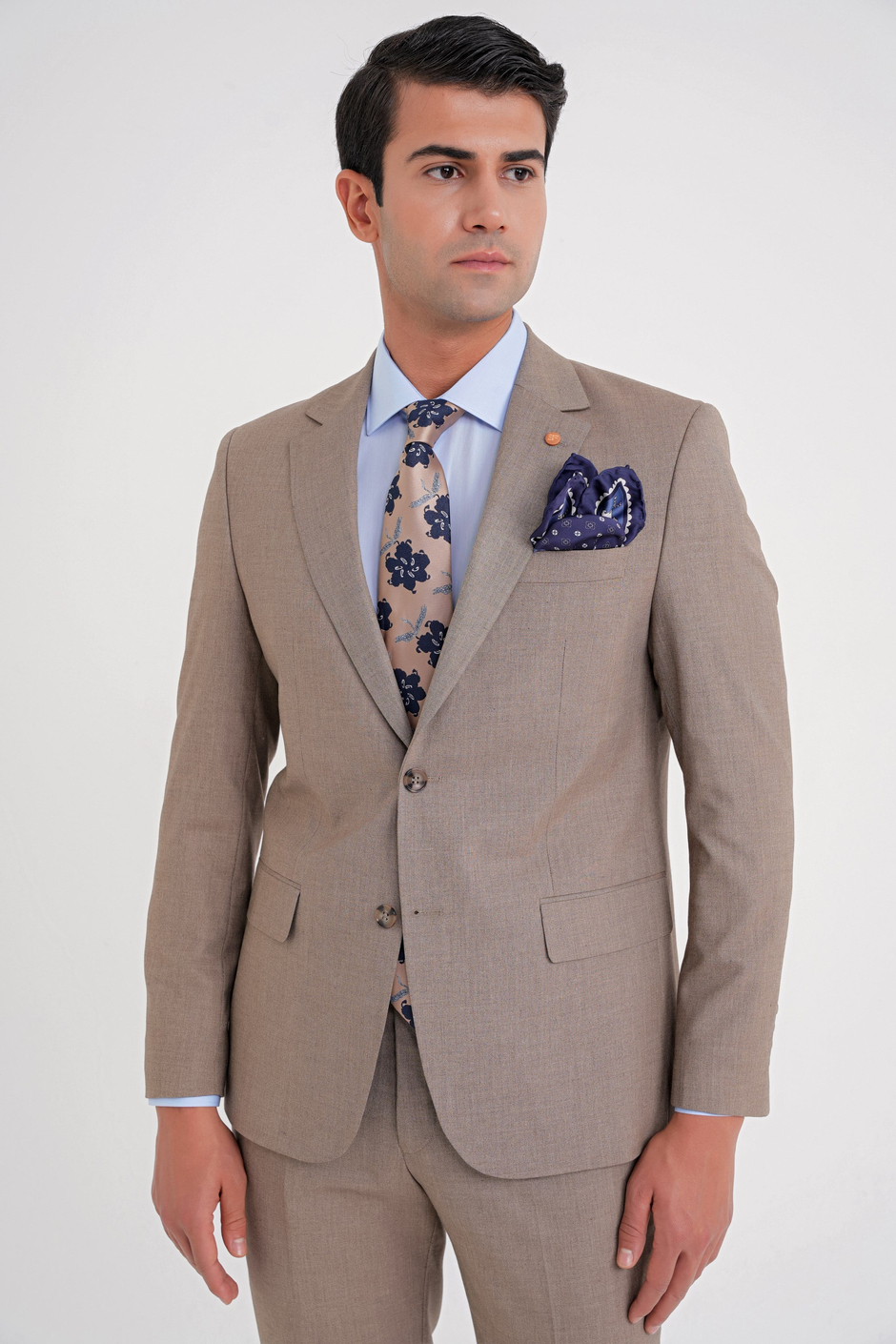 Slim Fit Çift Yırtmaç Esnek Yün Vizon Takım Elbise Tk 918