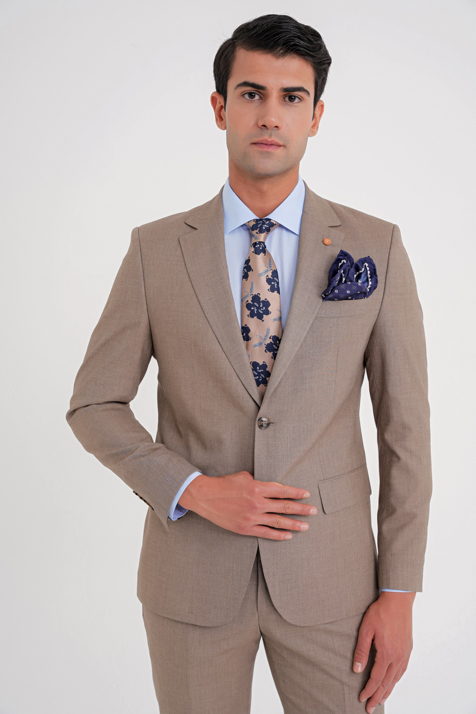 Slim Fit Çift Yırtmaç Esnek Yün Vizon Takım Elbise Tk 918