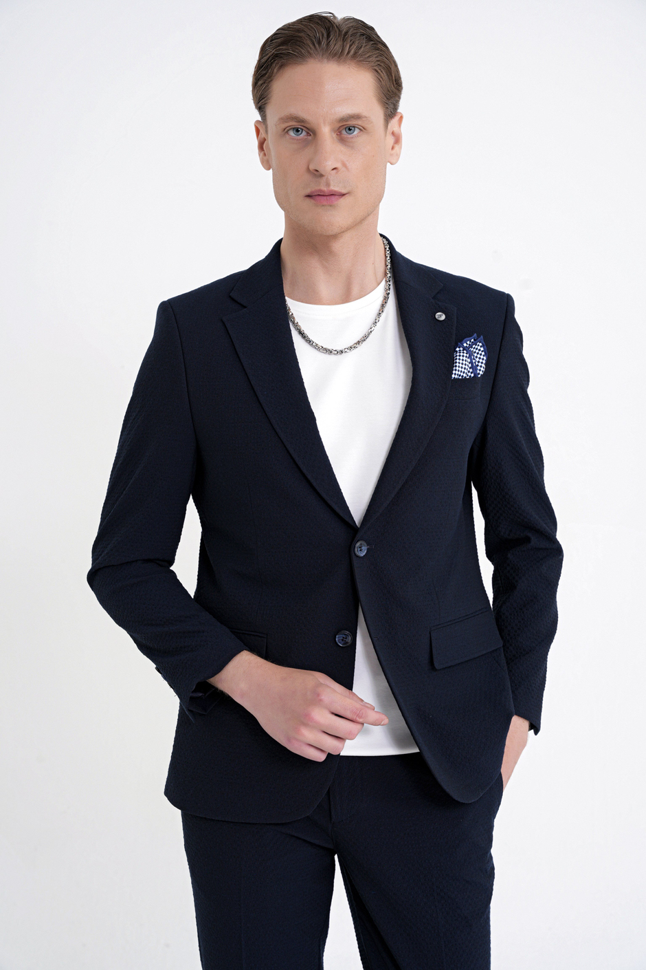 Slim Fit Çift Yırtmaç Gofre Kumaş Esnek Lacivert Spor Takım Elbise TK 940