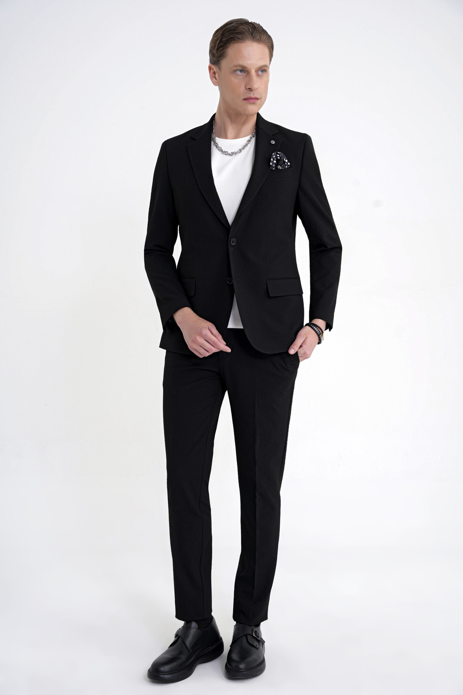 Slim Fit Çift Yırtmaç Gofre Kumaş Esnek Siyah Spor Takım Elbise TK 940