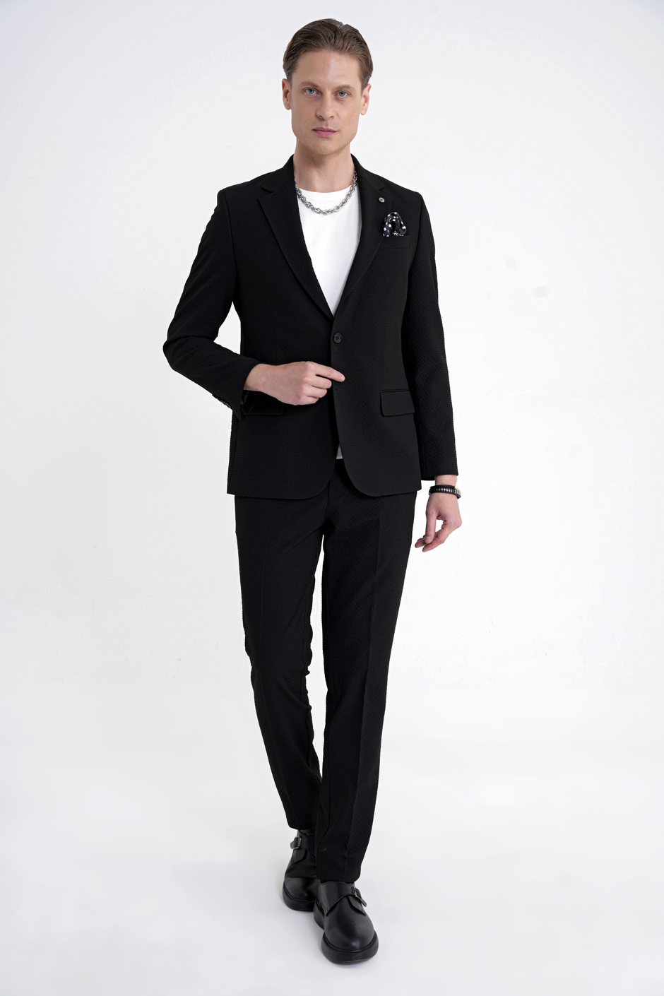Slim Fit Çift Yırtmaç Gofre Kumaş Esnek Siyah Spor Takım Elbise TK 940