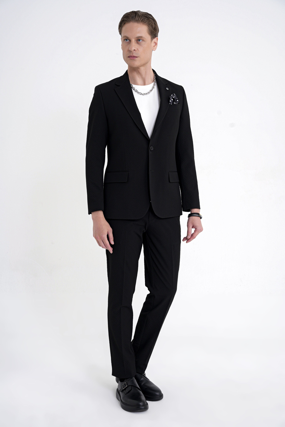 Slim Fit Çift Yırtmaç Gofre Kumaş Esnek Siyah Spor Takım Elbise TK 940