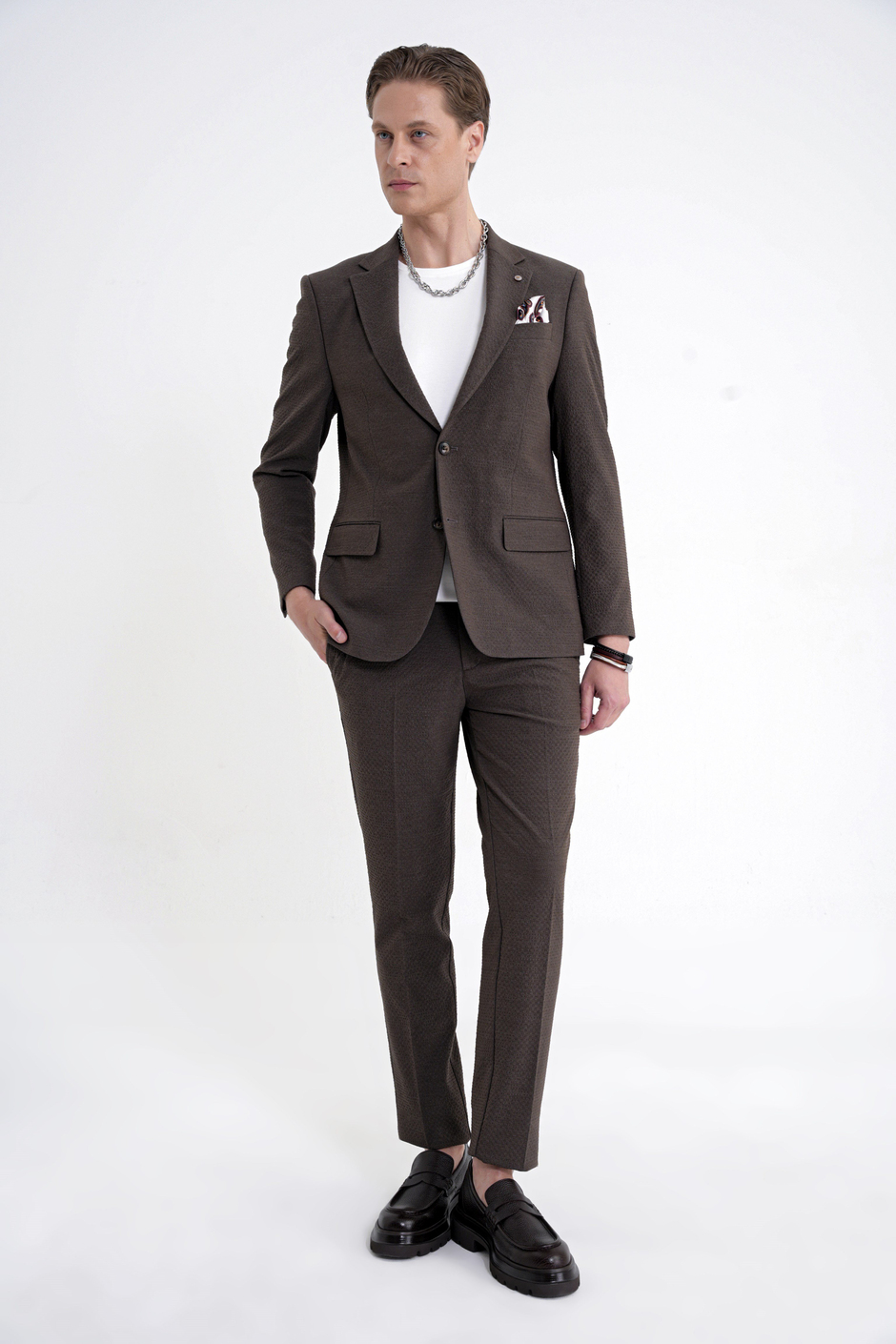 Slim Fit Çift Yırtmaç Gofre Kumaş Esnek Kahverengi Spor Takım Elbise TK 940