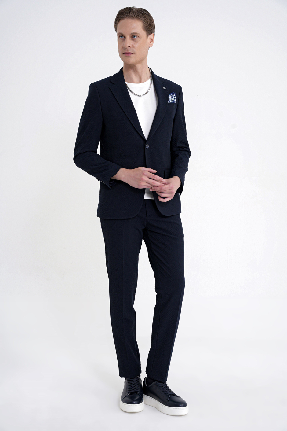 Slim Fit Çift Yırtmaç Gofre Kumaş Esnek Lacivert Spor Takım Elbise TK 940